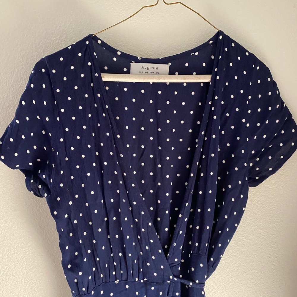 AUGUSTE | Navy Polka Dot Wrap Maxi Dress | Size 4